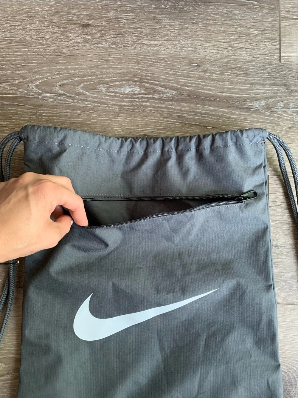 Nike Gray Drawstring Backpack with White Swoosh
